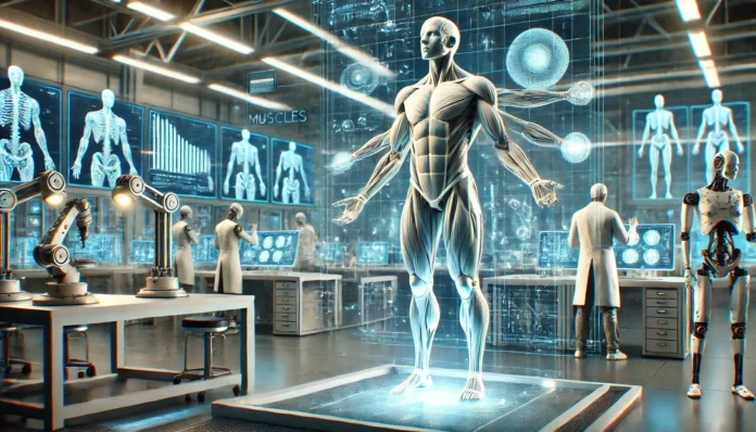 A futuristic laboratory scene showcasing advanced robotics with synthetic muscles, featuring humanoid robots performing human-like movements.