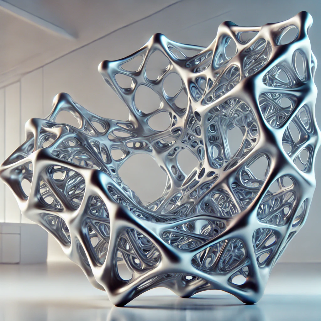 A futuristic mechanical component created using generative design principles, showcasing intricate, organic lattice structures and lightweight feature.